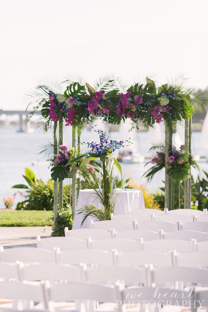 Paradise Point Resort venue, Purple and White wedding flowers, San Diego navy wedding ideas