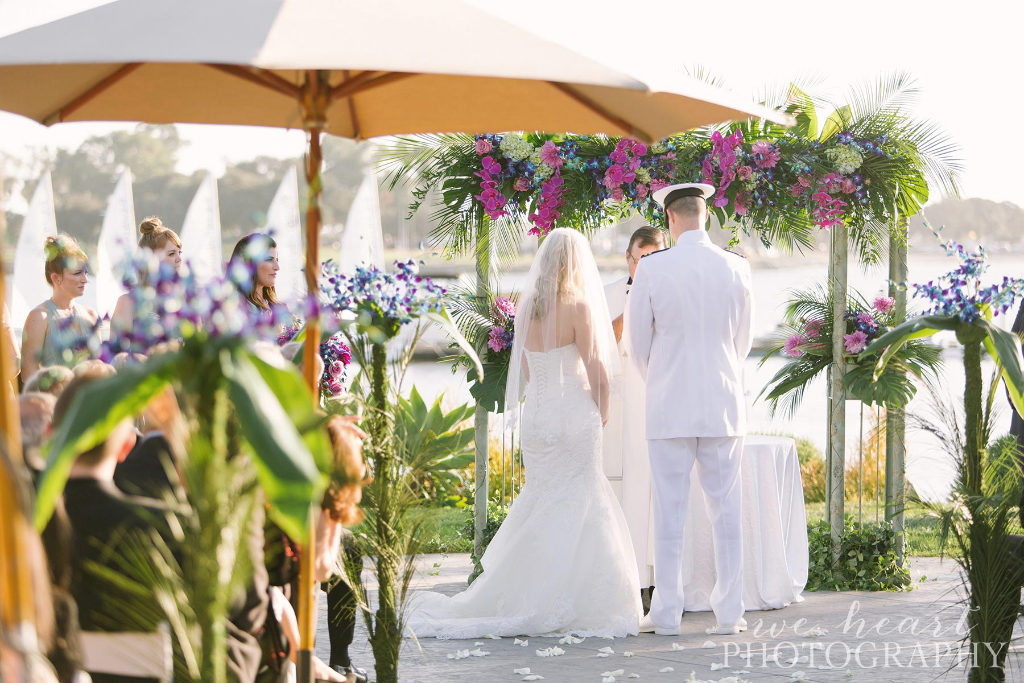 Paradise Point Resort venue, Purple and White wedding flowers, San Diego navy wedding ideas