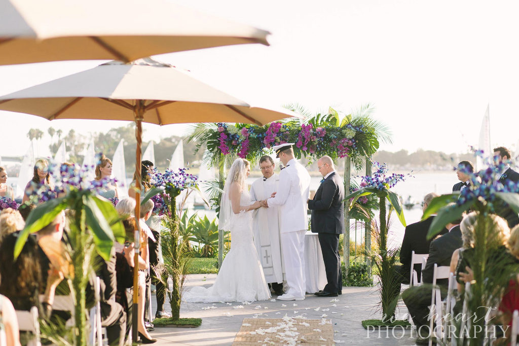 Paradise Point Resort venue, Purple and White wedding flowers, San Diego navy wedding ideas