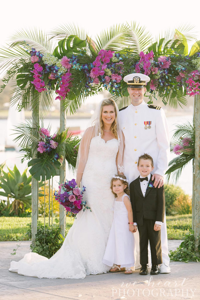 Paradise Point Resort venue, Purple and White wedding flowers, San Diego navy wedding ideas